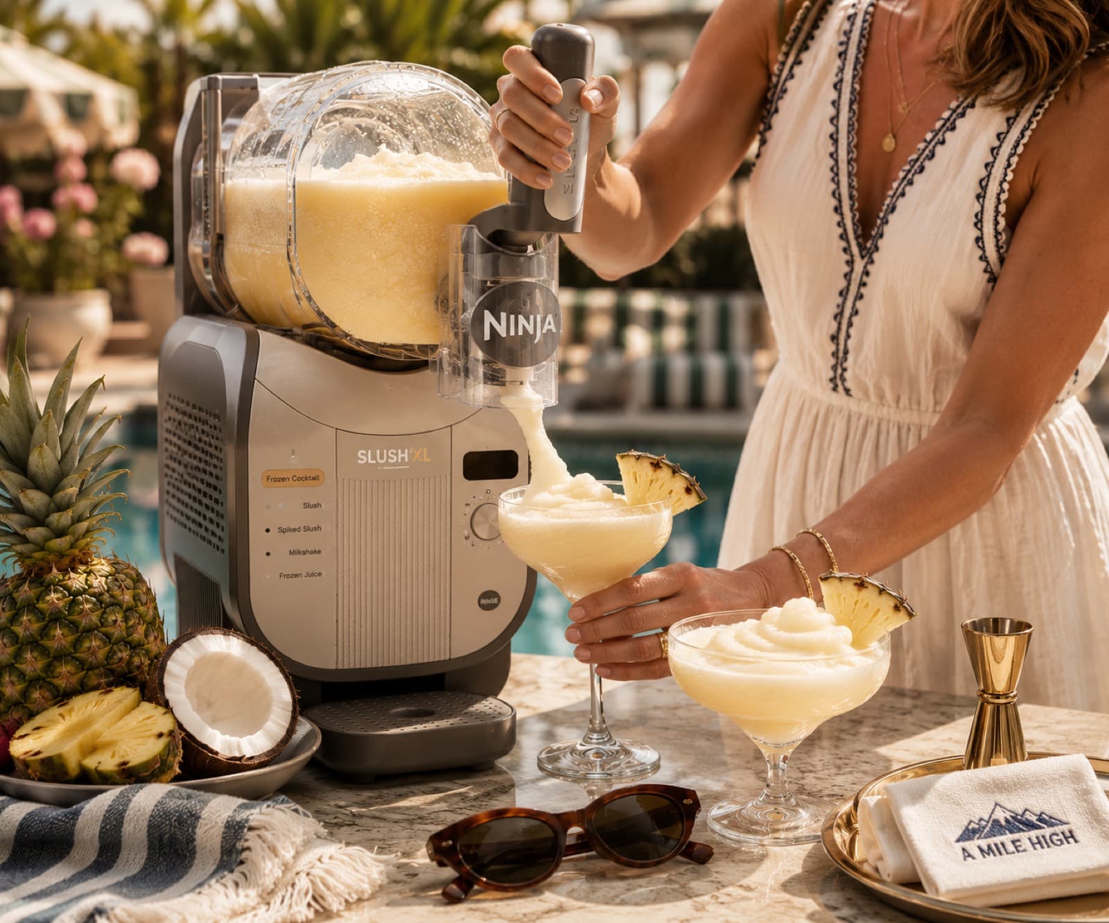 Pouring a frozen Poma Colada from the Ninja SLUSHi XL, poolside